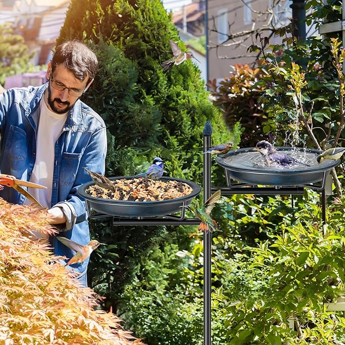 2-in-1 Metal Bird Bath for Outside, Vintage Freestanding Birdbaths Feeder Bowl, Stable & Easy to Clean Birdfeeder for Outdoors Garden Yard Lawn Decor (Vintage Blue)