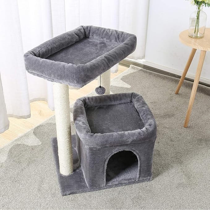 27" Cat Tree for Medium Cats, Cat Tower with Large Top Perch, Full Wrapped Natural Sisal Scratching Posts for Indoor Cats with Spacious Condo & Toy Ball, Grey