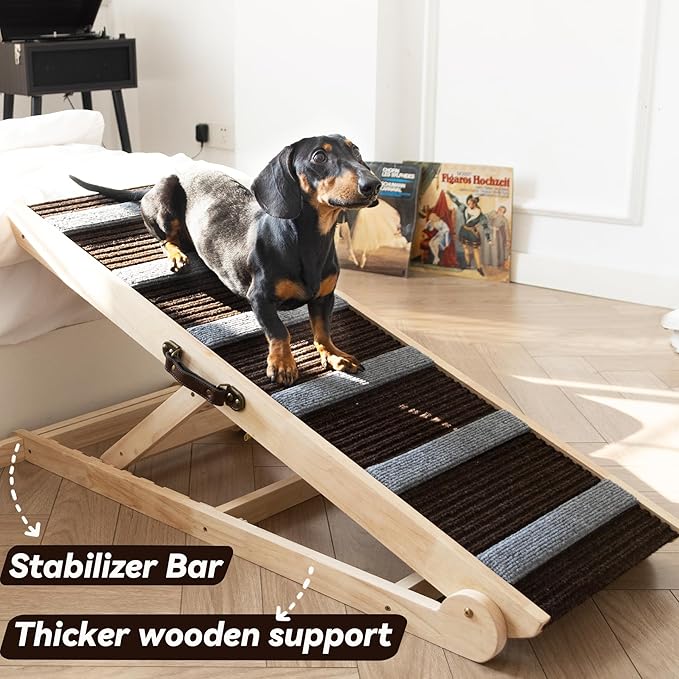Dog Ramp for Bed, Adjustable & Folding with 6 Adjustable Height, Rugged, Anti-Slip, Dog Ramp for Couch, Folding Portable Wooden Pet Ramps, for Small & Large Dogs & Cats
