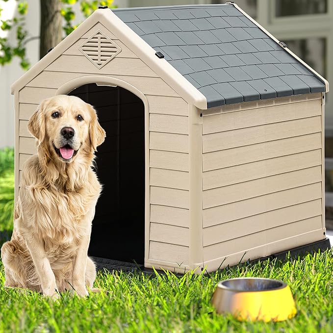 DWVO Large Plastic Dog House, Weatherproof Outdoor/Indoor Doghouse, Puppy Kennel with Air Vents and Elevated Floor, 41.3''L*38''W*38.8''H, Gray+Brown
