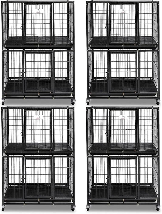 Homey Pet Four Packs 31 Inch Stackable Heavy Duty Dog Crate Cage Kennel with Four Lockable Wheels, Removable Tray, Escape Proof Wire Drop Dog Crates for Small Dogs (Two Tiers)