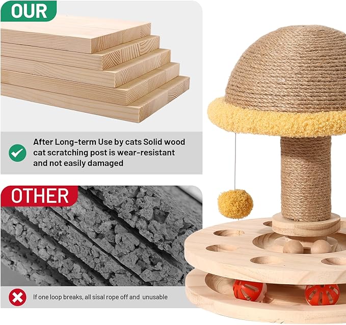 Sisal Cat Scratcher for Indoor Cat Kitten Mushroom Cat Scratching Post with Hanging Ball,Solid Wooden 2 Level Track,Interactive Toy