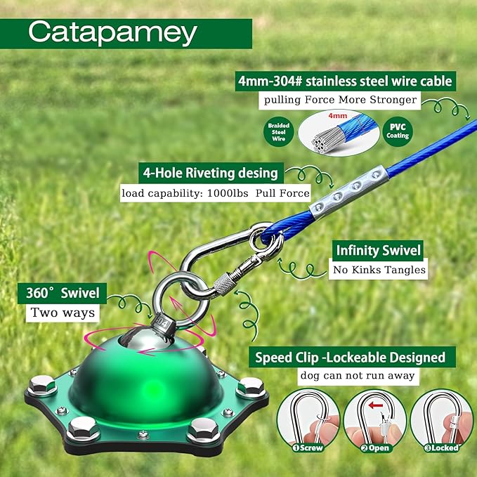 Dog Tie Out Cable and Stake,with 45FT Heavy Duty Cable,360°Swivel Dog Run Ground AnchorsDog Runner for Yard Rust Proof Can Hold 2 Dogs- Up to 150LBS,for Outdoor Camping