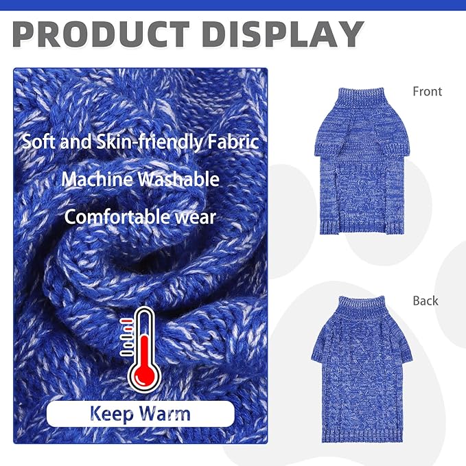 KOOLTAIL Thermal Knitted Dog Sweater for Small Medium Large Dogs, Turtleneck Cable Knit Doggy Winter Coat Warm Clothes Sweatshirt Outfits for Cold Weather,Pullover Pet Jumper for Puppy Cats Blue XL