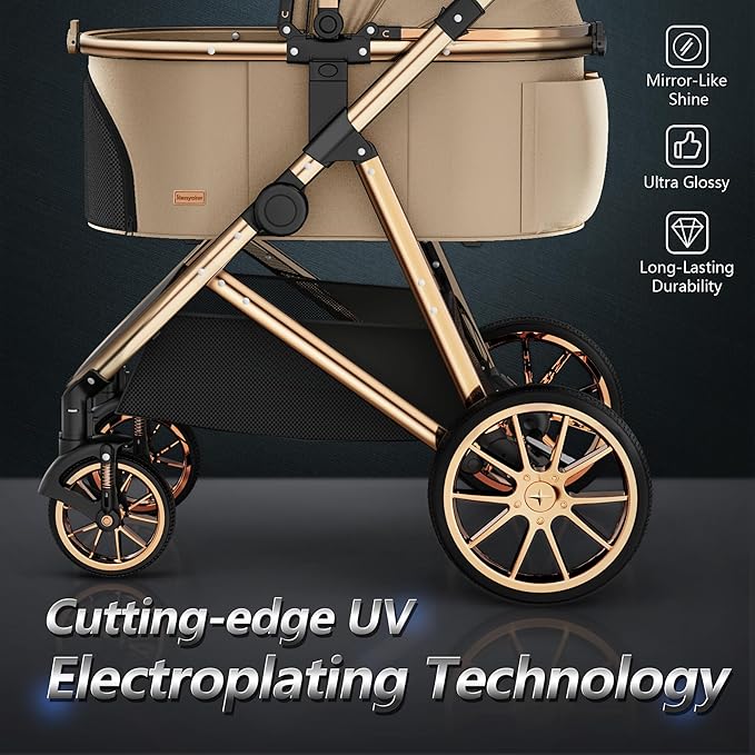 Kenyone Luxury Pet Stroller 3 in 1 with Electroplated Gold Mirror Finish for Medium Small Size Dogs and Cats, High-End Detachable Carrier for Puppy, Kitty, Doggie(C910L Khaki)