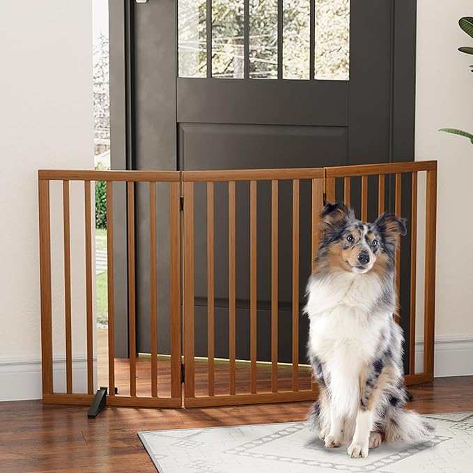 Dog Gates for Doorways, Tall Dog Gate Indoor, Foldable Pet Gates for Doorways Bedroom, Freestanding Puppy Gate with Metal Support Feet, Room Divider,3 Panels (Walnut)