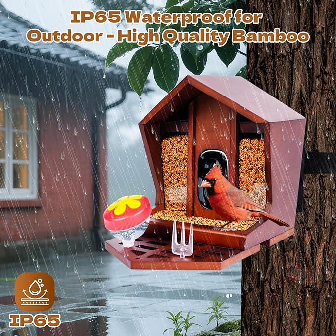 Smart Bird Feeder with Camera Solar Powered AI Identification 10,000+ Bird 2K UHD Video Live Instant Arrival Alerts and Real-Time Motion Detection Weatherproof Bamboo for Outdoor Birds Lovers