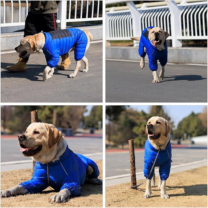Lovelonglong Warm Jacket - 4 Legs Covered Waterproof Windproof Reflective Vest, Zippered Adjustable Outdoor Snow Jacket for Small Medium Large Dogs, Blue XXXXL