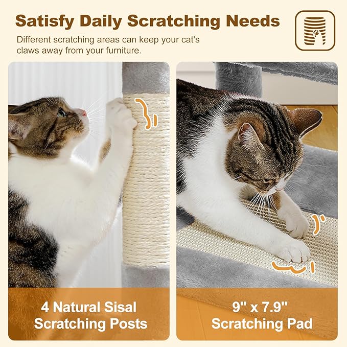 PAWZ Road Cat Tree Tower 62 Inches Cat Tree with 2 Condos,2 Large Perch,4 Scratching Posts & 1 Scratching Board, and 2 Hanging Balls for Indoor Cats-Grey