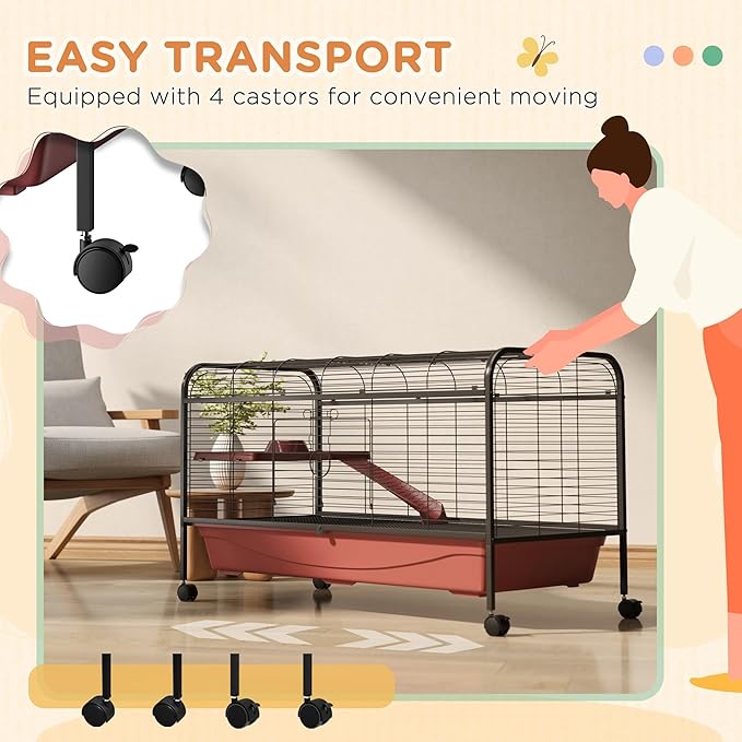 PawHut 48" L Small Animal Cage, Rabbit Hutch, or Ferret Pet Play House with Feeder, Rolling Wheels, Platform, Ramp