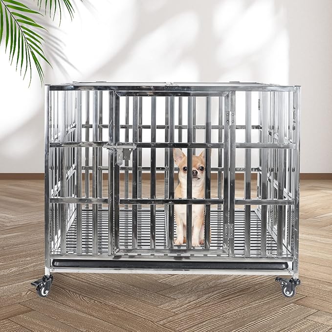 37" Stainless Steel Dog Crate Pet Kennel Foldable Dog Kennels Dog Cage Pet Playpen with Lockable Wheel, Tray for Small and Medium Dogs