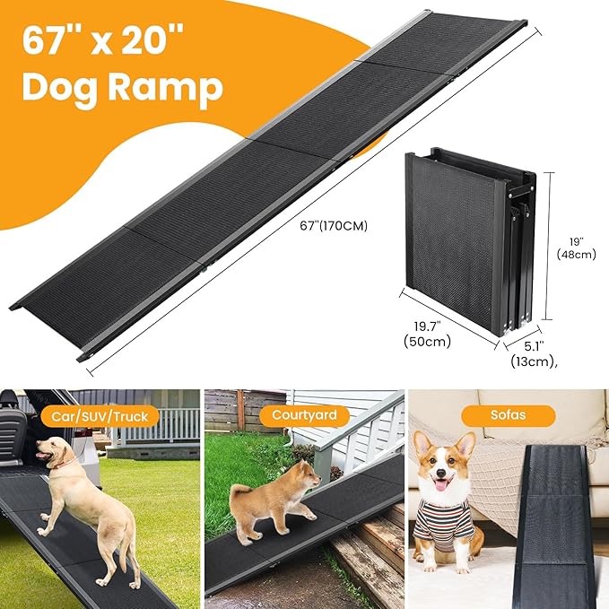 Dog Ramp for Car, 67''x20'' Dog Ramps for Large Dogs with Non-Slip Surface, Folding Dog Car Ramp for Truck SUV Van, Outdoor Pet Ramp for Car Up to 250LBS, Portable Car Ramp for Dogs