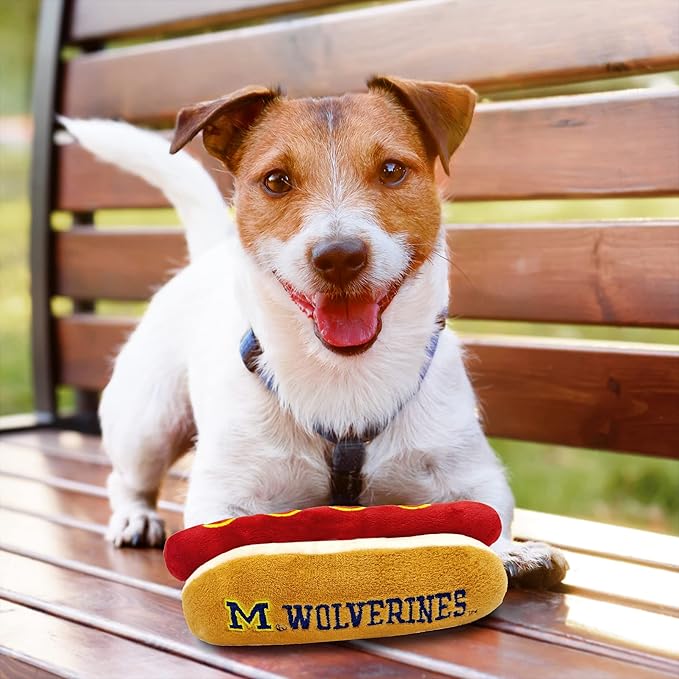 NCAA Michigan Wolverines HOT Dog Plush Dog & CAT Squeak Toy- Cutest HOT-Dog Snack Plush Toy for Dogs & Cats with Inner Squeaker & Beautiful Football/Basketball Team Name/Logo