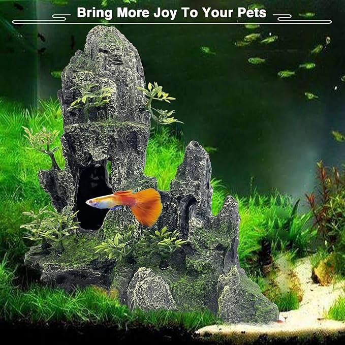 Aquarium Decorations Large and Tall Large Aquarium Decorations for Fish Tank Decorations Fish Tank Ornaments Mountain View Stone Ornament Tree Rock Cave Artificial Fish Tank Ornament, Black