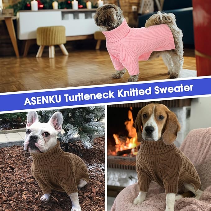 ASENKU Dog Sweater, Dog Sweaters for Medium Dogs, Warm Pullover Doggie KnitTurtleneck Warm Clothes for French Bulldog, Boston Terrier（Pink, L）
