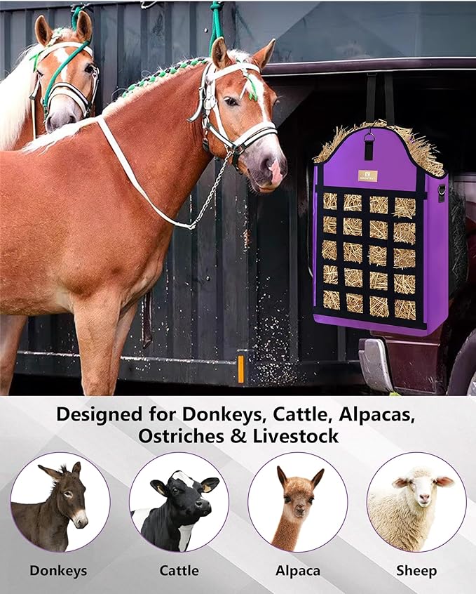 Hay Bags for Horses,3 Packs Slow Feed Hay Bags for Goats,Sheep,Donkey,600D Reinforced Oxford Hay Feed Bags with Front Hay Nets Design, Easy to Fill and Hang with Large Opening (2Black)