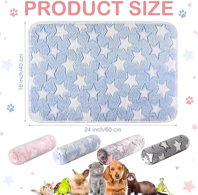 4 Pcs Waterproof Guinea Pig Blankets Washable Small Animal Fleece Bedding Absorbent Guinea Pig Cage Liners Reusable Pet Pee Pad Sleep Mat Pad Cover for Hamster Ferret (Cute Star Pattern, 24 x 16 Inch)