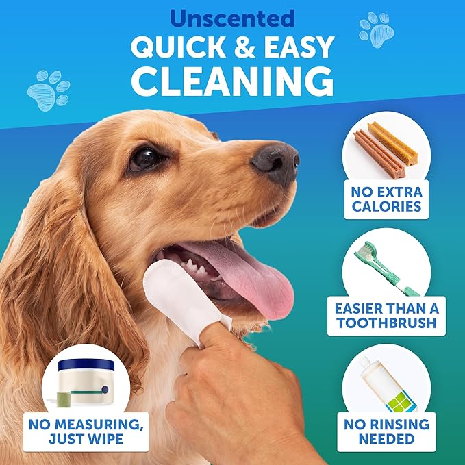 Dog Teeth Cleaning Wipes - 50 Dog Dental Care Finger Wipes - Finger Toothbrush for Removing Plaque, Tartar Buildup, Bad Breath - Oral Freshness, Healthy Teeth & Gum Support with Coconut Oil, Unscented