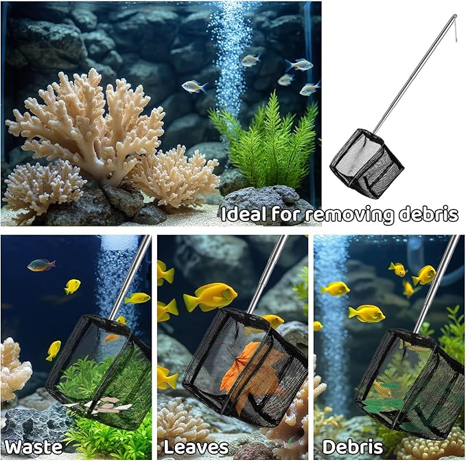 2 Pack 3 Inch Aquarium Net Small Fish Net Black Aquarium Shrimp Nets with Extendable Stainless Steel Handle Fine Tank Tool Mesh for Shrimp, Baby Fish, Food Residue Debris Skimming