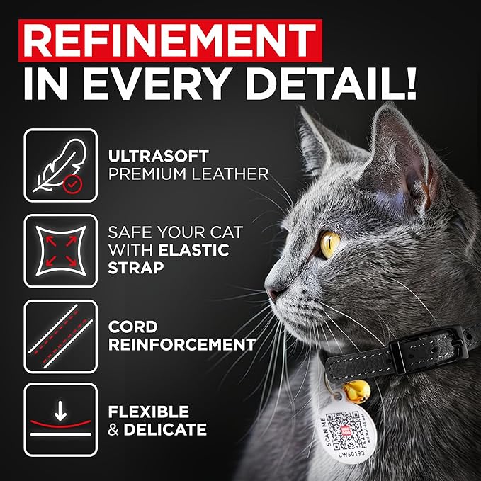 Leather Cat Collar with Bell and Safety Elastic Strap Breakaway Alternative for Small & Large Kittens, Stylish Pet Leather Collar for Boy, Girl Cats with Metal Buckle & QR ID Tag (Black)