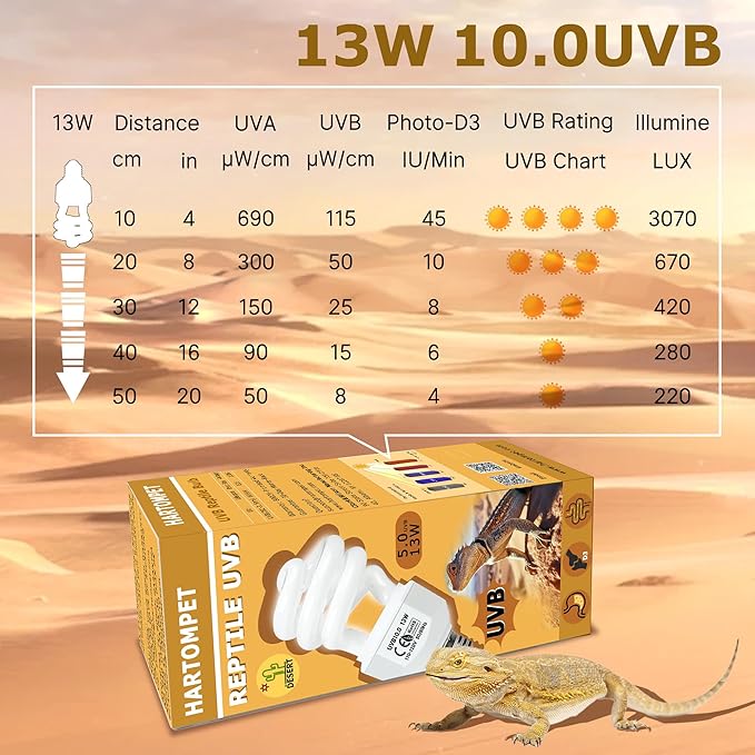UVB 10.0 Reptile Light 13W, Compact Fluorescent Desert Lamp, High-Output Coil UVB Bulbs for Terrarium Tanks, Suitable for Bearded Dragons, Geckos and Other Desert-Dwelling Reptile