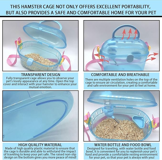 Portable Hamster Cage Syrian Hamster Carry Travel Cage with Water Bottle Food Bowl Adjustable Strap Pet Outgoing Cages for Gerbil Squirrel Guinea Pig Hedgehog Chinchilla