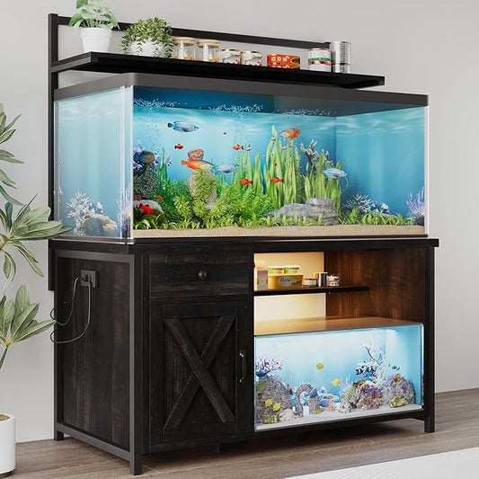 4ever2buy 55-75 Gallon Fish Tank Stand with Power Outlet, Led Light, Heavy Duty Aquarium Stand with Cabinet for Fish Tank Accessories Storage, Shelf, for Turtle Tank, Reptile Terrarium, 1100 LBS, Oak