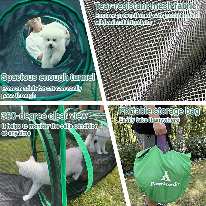 3-in-1 Outdoor Cat Enclosure, Portable Catio for Outside, Outdoor Cat Tent with 2 Tents and 1 Straight Tunnel, Green Enclosed Playpen for Kitty and Other Small Animals, Support Expansion