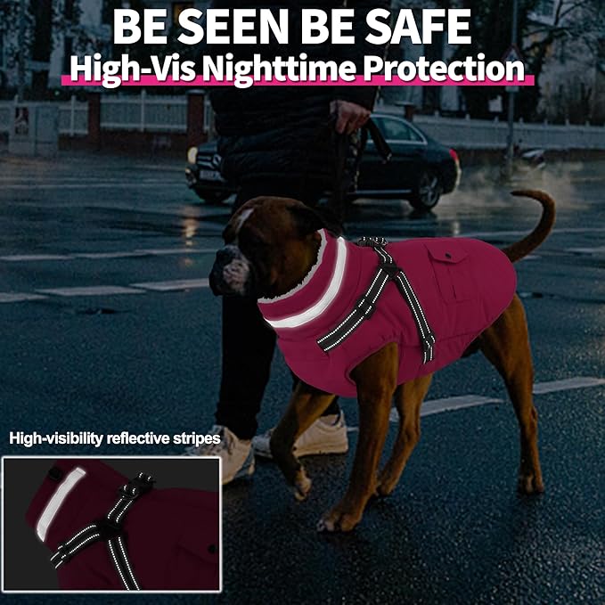 Dogcheer Dog Coat with Harness, Waterproof Dog Jacket Christmas Puppy Winter Coat with Pockets, Reflective Doggy Winter Jacket Soft Pet Fleece Snow Jacket for Small Medium Large Dogs - Pink, XL
