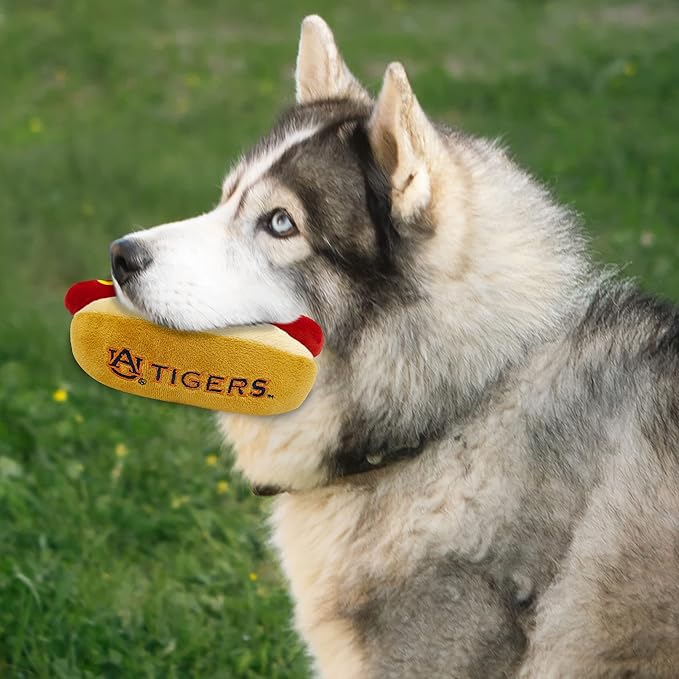 NCAA Auburn Tigers HOT Dog Plush Dog & CAT Squeak Toy- Cutest HOT-Dog Snack Plush Toy for Dogs & Cats with Inner Squeaker & Beautiful Football/Basketball Team Name/Logo