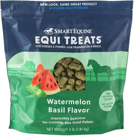 Equi Treats | Made with Timothy Grass & Sunflower Meal | High-Fiber Horse Treats | Low ESC & Starch | Bite-Sized | No Added Sugar | Watermelon Basil Flavor Cookies for Horses | 4 LB