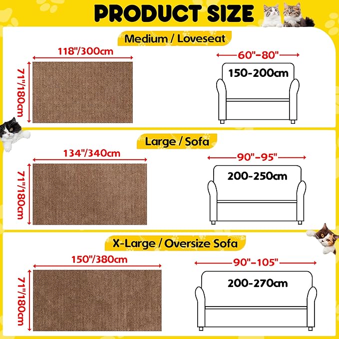 Cat Scratch Furniture Protector - Anti-Slip, Waterproof Sofa Cover to Keep Cats Off, Pet-Friendly Couch Protectors for 3 Cushion Couch, Brown Anti-Scratch Couch Cover for Pets and Kids 150"X71"