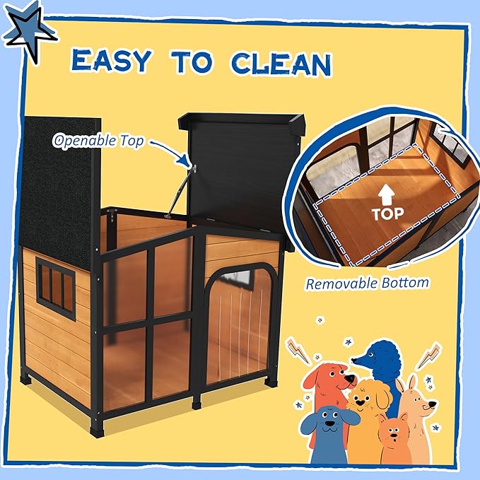 PawHut Outside Cabin-Style Wooden Dog House for Large Dogs with Openable Roof & Giant Window, Outdoor & Indoor Big Dog House, Asphalt Roof, Yellow