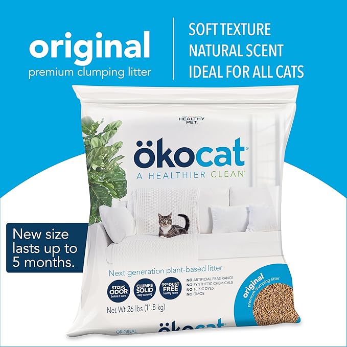 ökocat Original Wood Clumping Cat Litter, Unscented, 26 pounds XL - Natural Ingredients, Stops Odor, Clumps Solid, 99% Dust Free, Great for All Cats