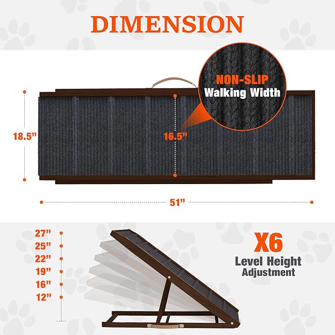 Adjustable Dog Ramp for Bed - Foldable Wooden Ramp for Dogs to Get on Bed, Couch, or Car - Ideal for Small, Medium, and Large Breeds (Walnut Wood with Grey Carpet) (Walnut Wood, Large)