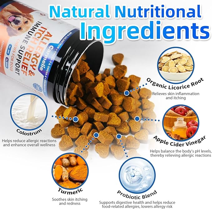 Dog Allergy Chews 200 Chews - Dog Itching Skin Relief Support - Omega 3 Probiotics for Dogs - Itchy & Paw Licking Relief, Seasonal Allergies, Skin & Coat Immunity Supplement - Chicken Flavor