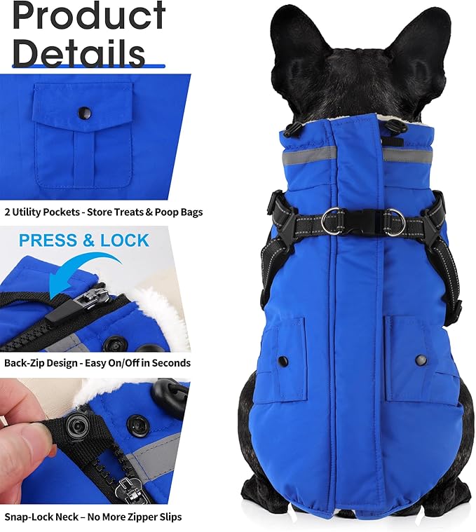 Dogcheer Dog Coat with Harness, Waterproof Dog Jacket Christmas Puppy Winter Coat with Pockets, Reflective Doggy Winter Jacket Soft Pet Fleece Snow Jacket for Small Medium Large Dogs - Blue, M