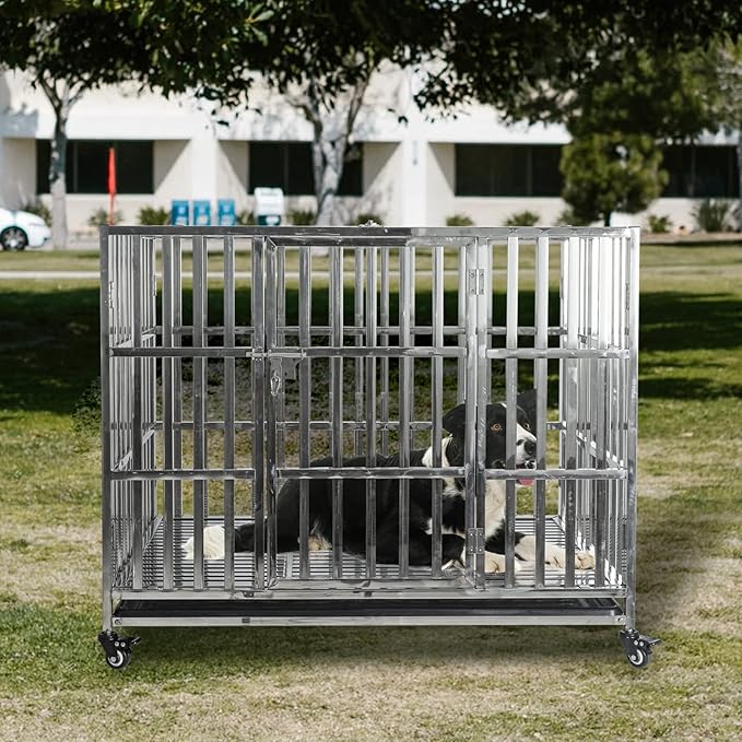 42" Stainless Steel Dog Crate Pet Kennel Foldable Dog Kennels Dog Cage Pet Playpen with Lockable Wheel, Tray for Medium and Large Dogs