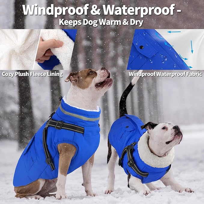 Dogcheer Dog Coat with Harness, Waterproof Dog Jacket Christmas Puppy Winter Coat with Pockets, Reflective Doggy Winter Jacket Soft Pet Fleece Snow Jacket for Small Medium Large Dogs - Blue, 2XL