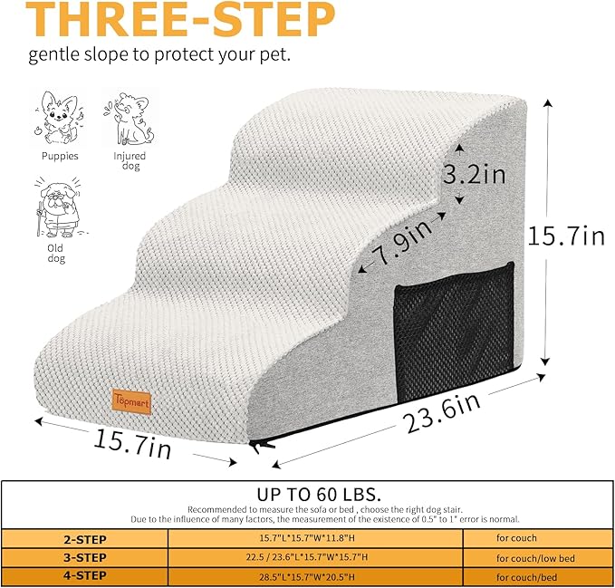 Topmart 3 Tiers Foam Dog Ramps/Steps,Non-Slip, Extra Wide Deep Dog Stairs,High Density Foam Pet Stairs/Ladder,Best for Older Cats,Small Pets,Ivory-White