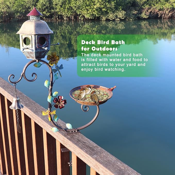 Deck Bird Bath, Metal Bird Bath and Bird Houses, Decorative Deck Mounted Bird Baths, Detachable and Adjustable Sturdy Deck Bird Bath for Outdoor Porch Yard Garden Decoration