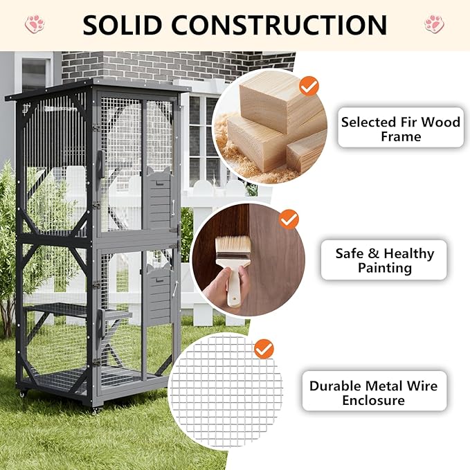 LEMBERI 71" Cat House Outdoor Catio Cat Enclosures on Wheels, Large Outside Patio Wooden Cat Cage Resting Box,Scratching Post, Waterproof Roof (Gray)
