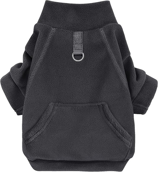 Idepet Fleece Dog Sweater, Winter Pet Clothes Turtleneck Sweatshirt, Stretchy Cat Coat with Leash Ring, Pocket(L) - Black