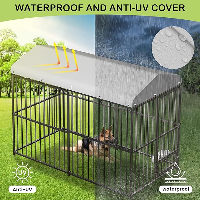 8x4x6 FT Outdoor Dog Kennel, Heavy-Duty Outdoor Enclosures with Lock, UV-Resistant Waterproof Roof Cover & Swivel Stainless Steel Feeding Bowl,for Medium & Large Dogs,Easy Assembly