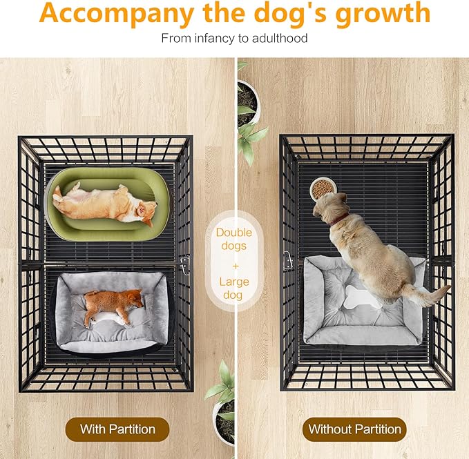 48 inch Dog Crate Cage Kennel with Divider for 2 Dogs, Indestructible Dog Crate, Sturdy Design,Double Door and Removable Tray Medium/Large Dog Cage