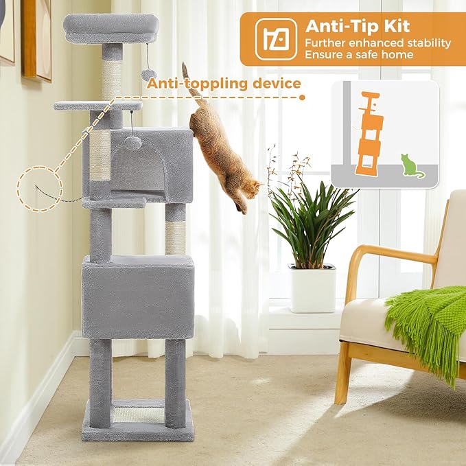 PAWZ Road Cat Tree Tower 62 Inches Cat Tree with 2 Condos,2 Large Perch,4 Scratching Posts & 1 Scratching Board, and 2 Hanging Balls for Indoor Cats-Grey