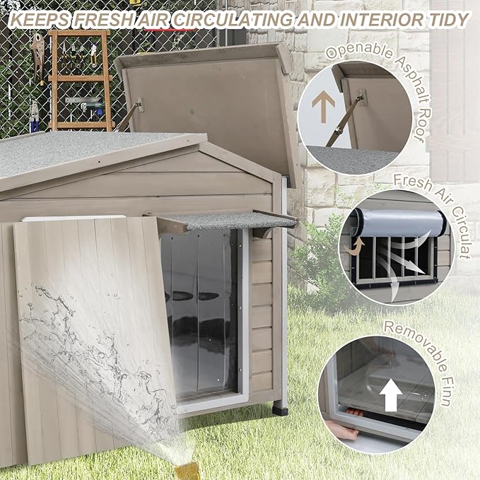 Outdoor Dog House with Chew-Proof Iron Frame, Wooden Dog Kennel Weatherproof，Removable Floor, Adjustable Vent Window, Easy Assembly for Large and Medium Dog 40.2" D x 26.4" W x 33.5" H