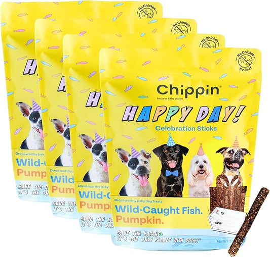 Chippin Giftable Soft Dog Treat | Wild-Caught Fish & Pumpkin Jerky for Dogs | Dog Birthday, Adoption, No Chicken, Grain-Free, Hypoallergenic | Made in USA, 4-Pack