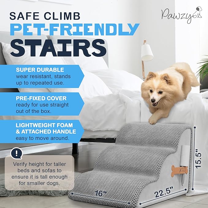 PAWZY Foam Pet Stairs for Bed, Couch or Window PREFIXED Cover - Wide Steps for Bed, Waterproof, Non-Slip Base - 3-Tier Ramp Dog Stairs for Small Dogs, Puppies, Cats - Dog Stairs & Steps (Grey)