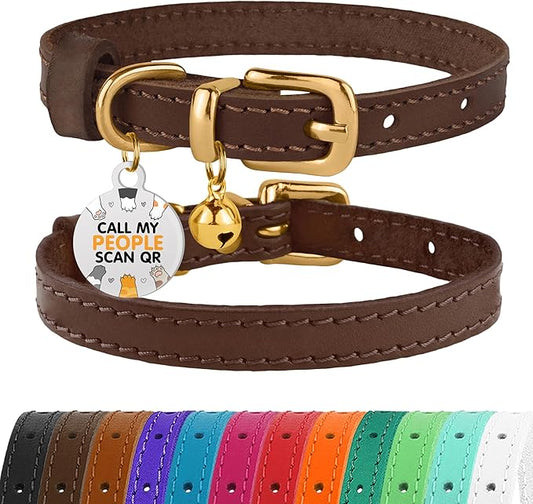 BRONZEDOG Leather Cat Collar with Removable Bells Non Breakaway Kitten QR Tag for Girl Boy (9" - 12" Cats/Mini Dogs, Dark Brown & Gold)